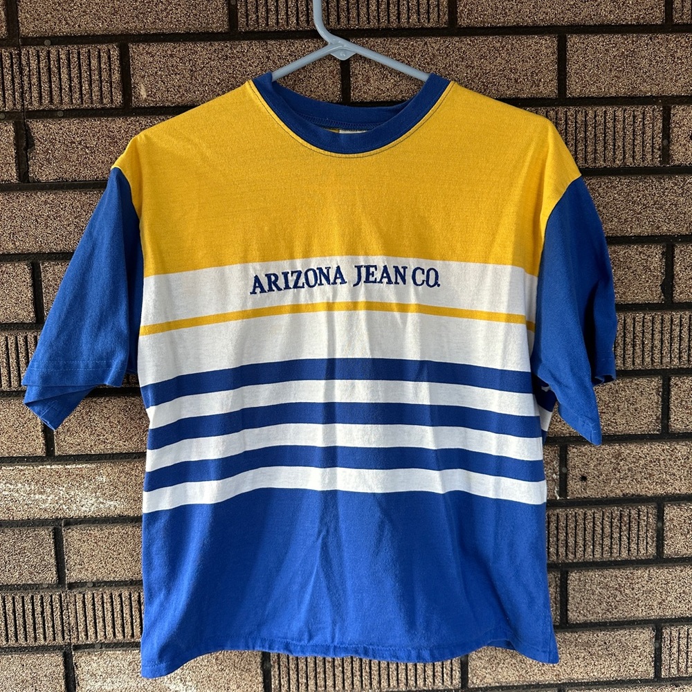 Y2K Arizona Jean Co. Striped Colorblock Tee Yellow Blue White Size Large